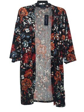 One Clothing NWT Womens Duster Cardigan XS Floral Crushed Velvet 3/4 Sleeves